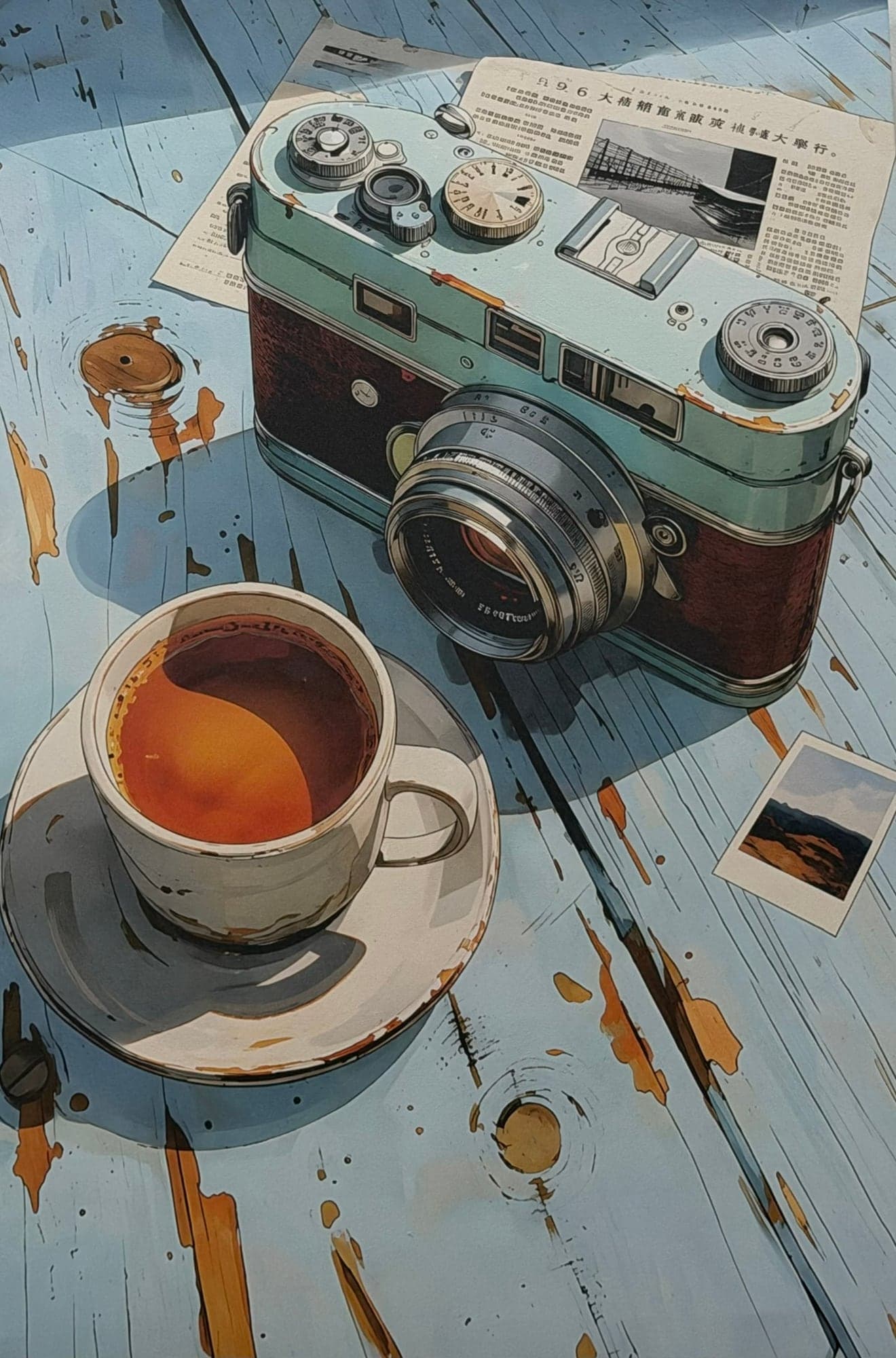 An illustration seen from above of a pale green and maroon film camera on a folded newspaper, a white cup of amber drink on a saucer, and a small instant photograph, on a blue wooden table with chipped orange paint