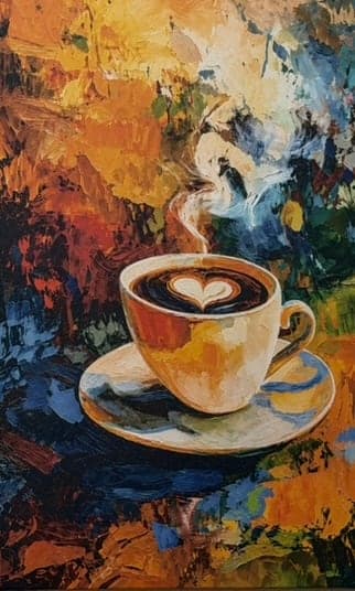 A thickly painted picture of a cup of coffee on a saucer with a heart in the foam and steam rising, against swirling brushstrokes of orange, gold and deep blue