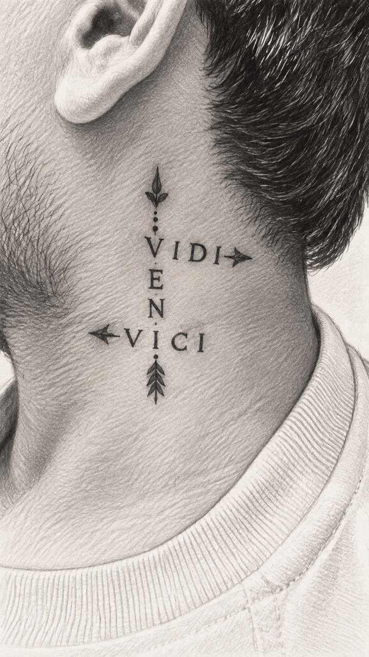 A pencil-shaded close-up of the side of a person's neck below the ear, with a small tattoo of the words VENI written downwards and VIDI and VICI written across it, forming a cross with leaf-tipped arrows at each end