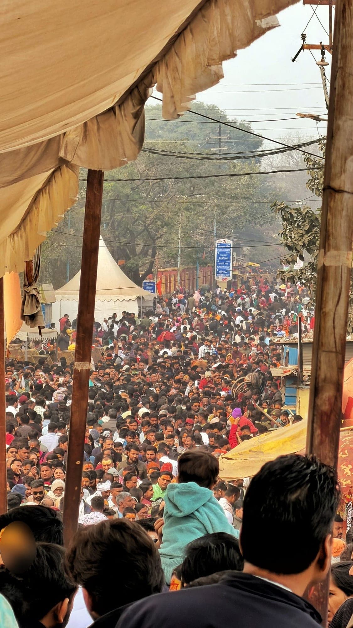 A very dense crowd filling a street, seen from under a canvas awning between two wooden poles, with tents, power lines and a blue direction sign above it, and a child in a teal jacket sitting on someone's shoulders in the foreground